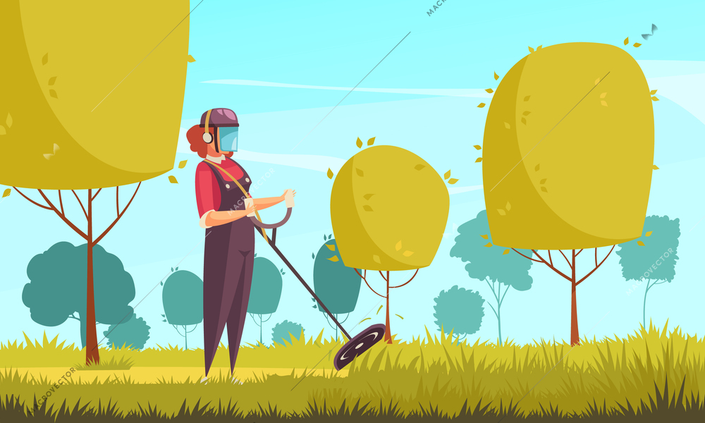 Gardener in autumn background with trees and lawn trimming flat vector illustration