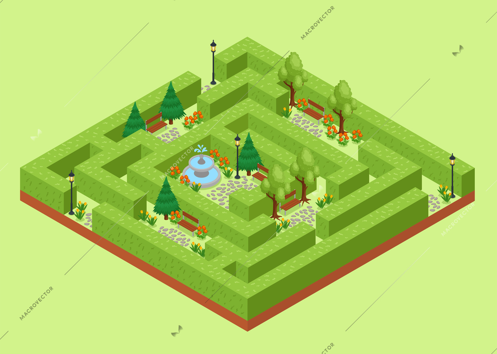 Labyrinth garden isometric view of outdoor maze of hornbeam trees hedges landscape park architecture design vector illustration