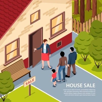 Isometric real estate background with outdoor landscape and agent opening house door to clients with text vector illustration