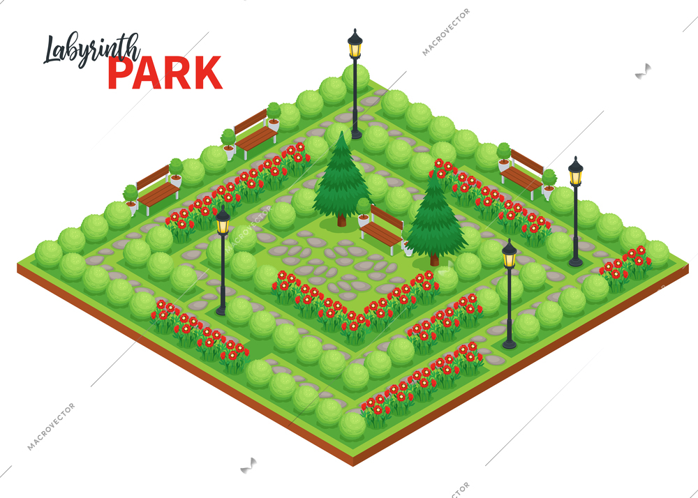 Labyrinth game composition with ornate text and platform with public park landscape with flowers bushes and benches vector illustration