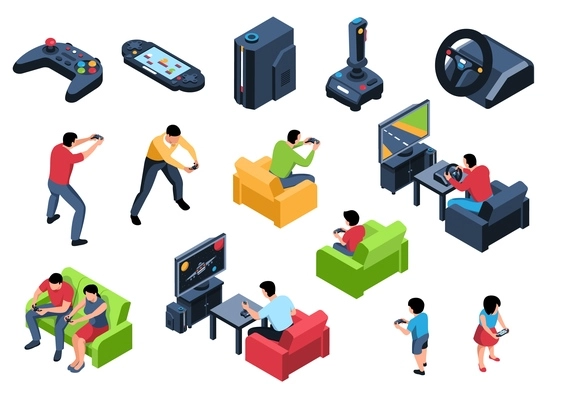 Isometric video game set of isolated joysticks gaming consoles and human characters with pieces of furniture vector illustration