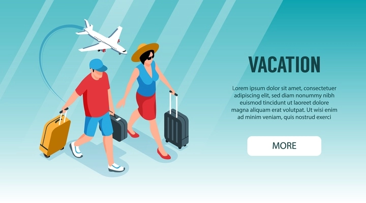 Isometric tourist agency horizontal banner with more button editable text and characters of tourists with suitcases vector illustration