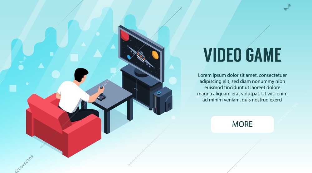 Isometric video game horizontal banner with editable text clickable more button and images of playing man vector illustration