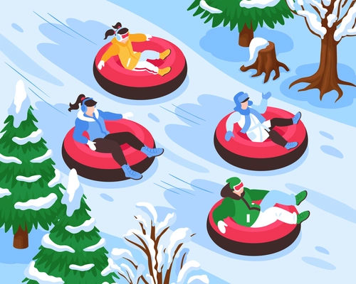 Winter vacation holiday resort outdoor activities for everyone isometric composition with snow tubing park fun vector illustration