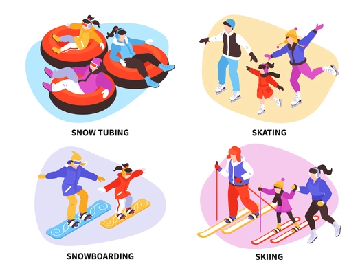 Isometric winter holiday compositions set with text and human characters in warm clothes on ski and snowboards vector illustration