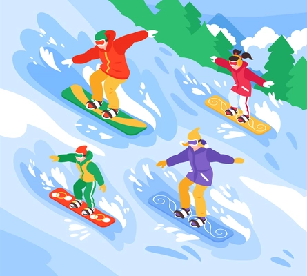 Winter vacation holiday sport resort outdoor activities isometric composition with family downhill snowboarding fun vector illustration