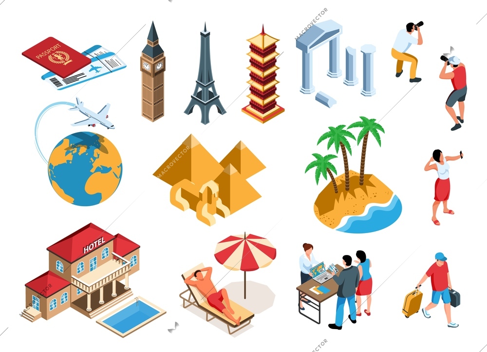 Isometric tourist agency set with isolated icons places of interest and human characters on blank background vector illustration