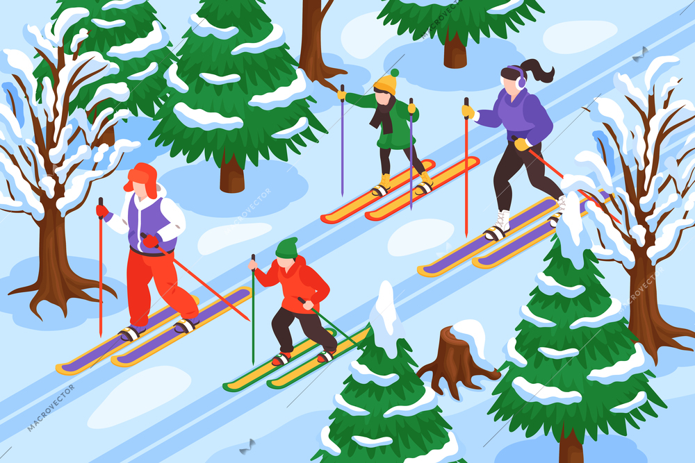 Isometric winter holiday skiing composition with forest landscape and group of teenage characters running on ski vector illustration