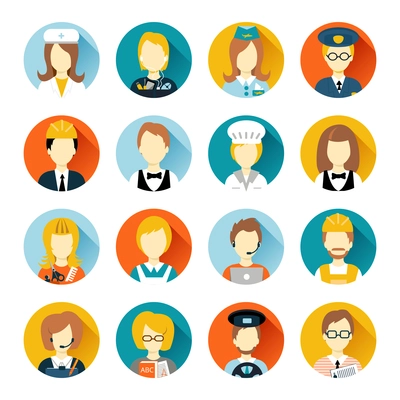 Set of colorful profession people flat style icons in circles with long shadows vector illustration