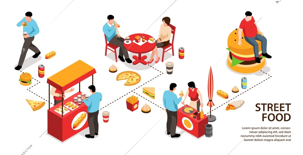 Isometric street food infographics with editable text and isolated food stalls counters with food and people vector illustration