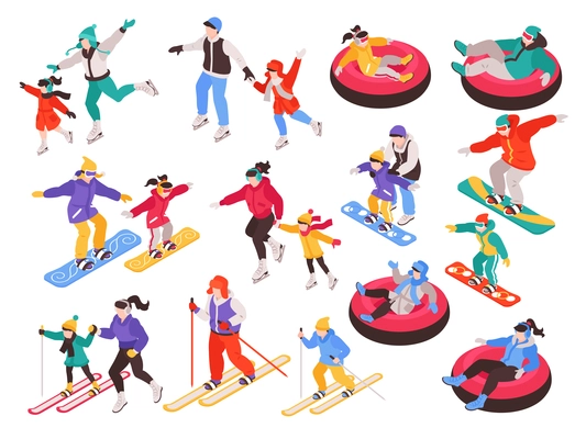Isometric winter holiday time set with isolated characters of children and adults during sport activities vector illustration