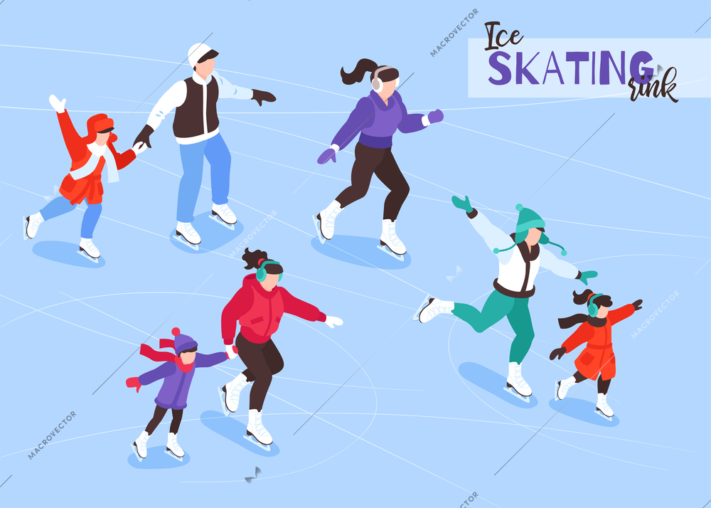 Winter family vacation holiday outdoor activities isometric composition with parents and kids enjoying ice skating vector illustration