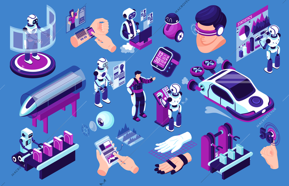 Isometric technologies future robot set of isolated robots and human characters high speed transport and gadgets vector illustration