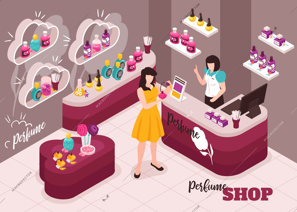 Perfume cosmetics luxury beauty makeup shop interior isometric composition with young woman testing spray fragrance vector illustration