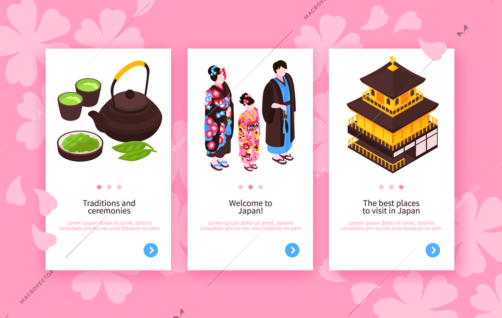 Set of isometric japan travel vertical banners with images page switch buttons and editable text vector illustration