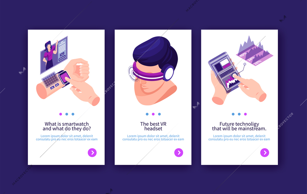 Isometric technologies future vertical banner with page switch buttons text and human body parts with electronic gadgets vector illustration