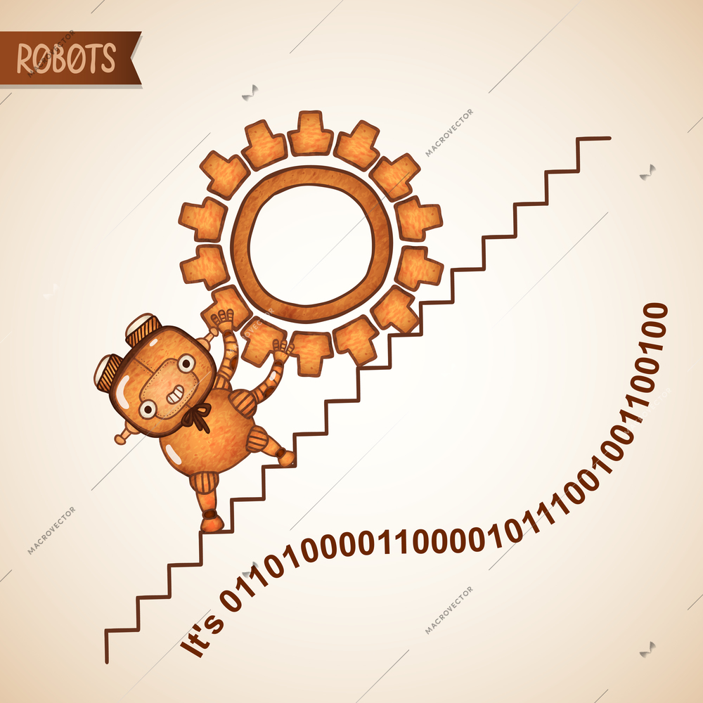 Robot pushing heavy gear upstairs, business concept vector illustration