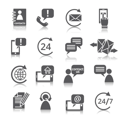 Contact us service icons set  with reflection of email phone communication and representative person isolated vector illustration