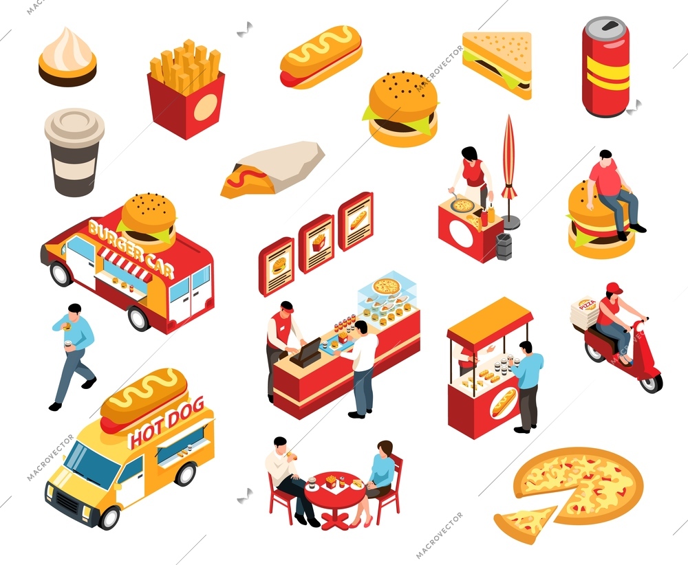 Isometric street food set with isolated icons of fast food products beverage drinks trucks and people vector illustration