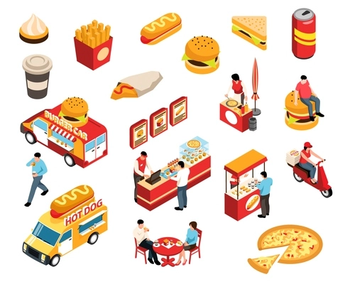 Isometric street food set with isolated icons of fast food products beverage drinks trucks and people vector illustration