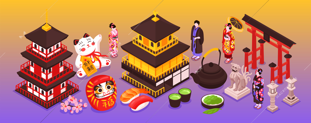 Isometric japan travel narrow composition with isolated traditional characters souvenirs and buildings on gradient background vector illustration