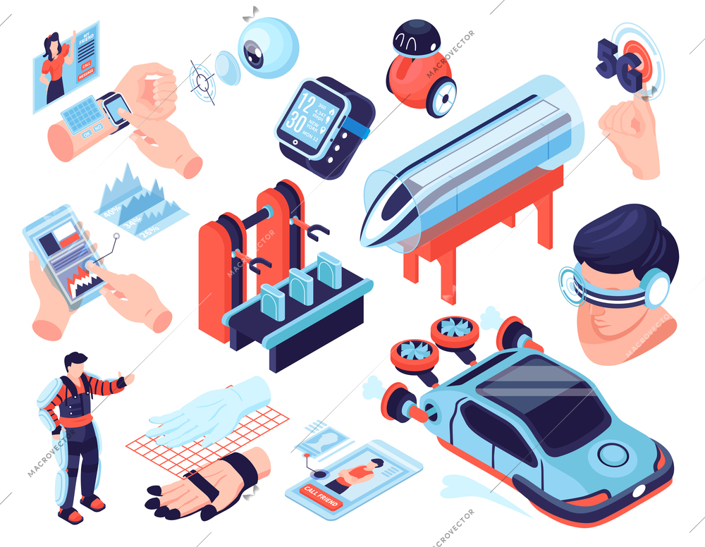 Isometric technologies future set with isolated images of futuristic cars body parts with sensors on blank background vector illustration