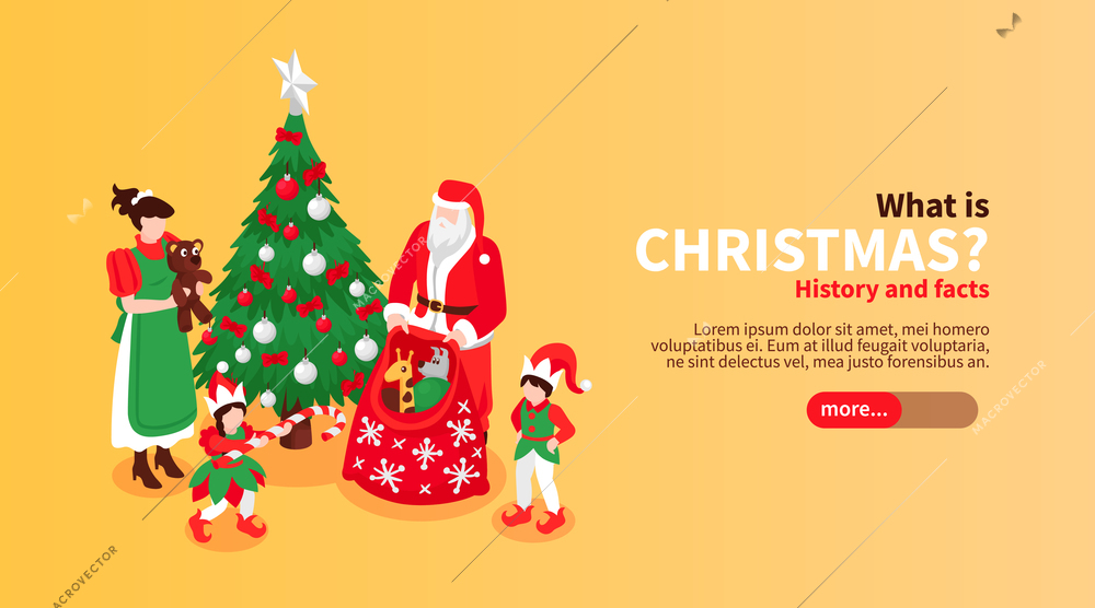 Isometric christmas horizontal banner with text slider button characters of santa claus elfs and new year tree vector illustration