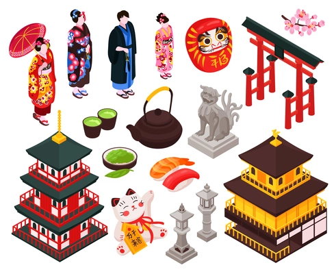 Isometric japan travel tourism set with isolated architecture items and people in traditional costumes on blank background vector illustration