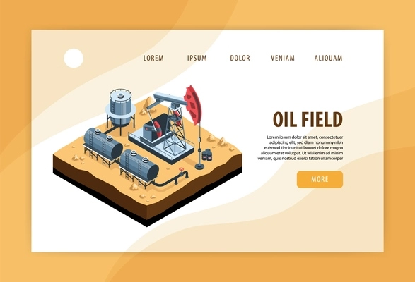 Isometric oil petroleum industry concept banner for website with clickable links more button and refining equipment vector illustration