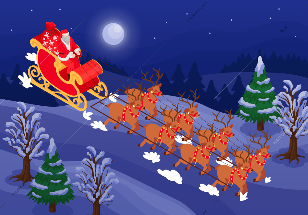 Santa claus in sleigh led by reindeer  isometric classic father christmas new year composition card vector illustration