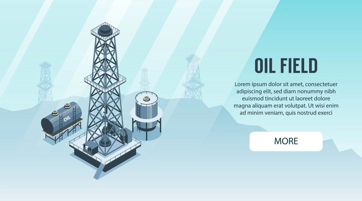 Isometric oil petroleum industry horizontal banner composition with clickable more button text and oil well derrick vector illustration