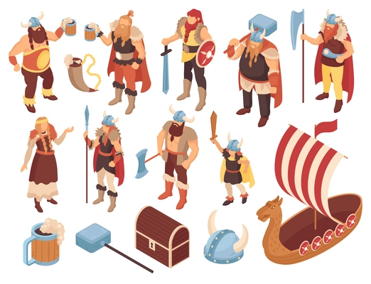 Isometric viking set of isolated human characters items of traditional clothing and ancient goods on blank background vector illustration