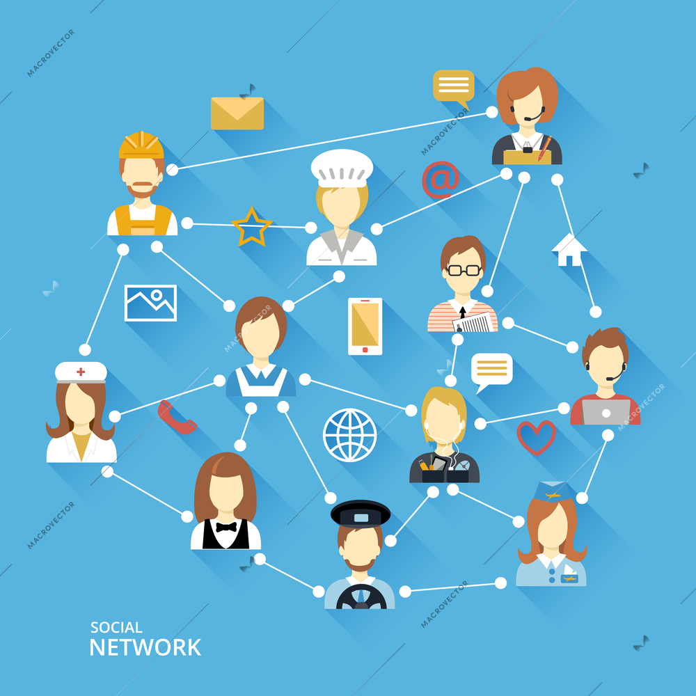 Global professional social business network group of people connection in communication concept in flat style vector illustration