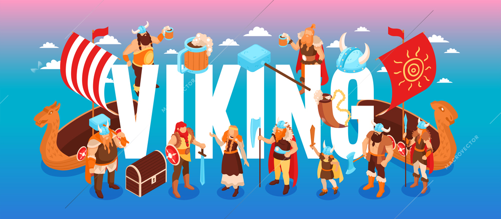 Isometric viking text composition with clouds and characters of ancient warriors and their families on gradient background vector illustration