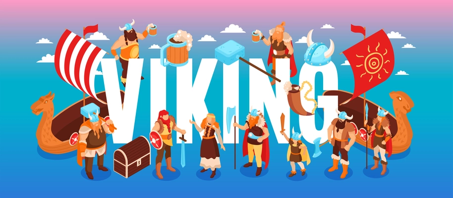 Isometric viking text composition with clouds and characters of ancient warriors and their families on gradient background vector illustration