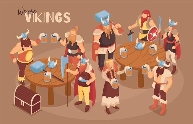 Isometric viking composition with ornate text and characters of vikings in ancient costumes with beer and weapons vector illustration