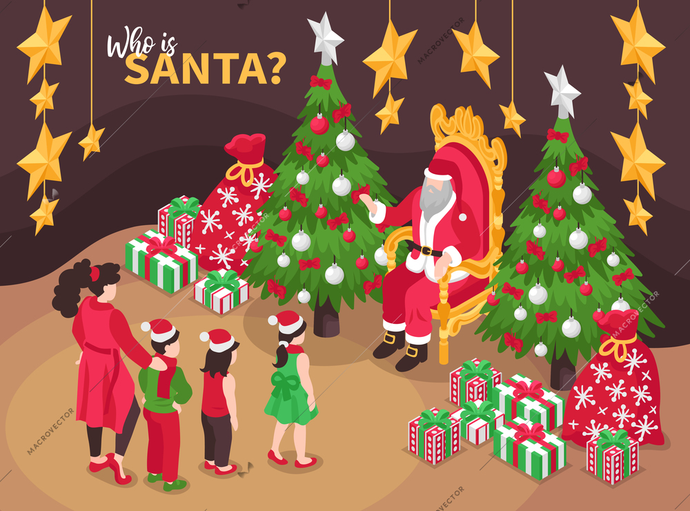 Isometric santa claus christmas composition with text and group of children with santa sitting on throne vector illustration