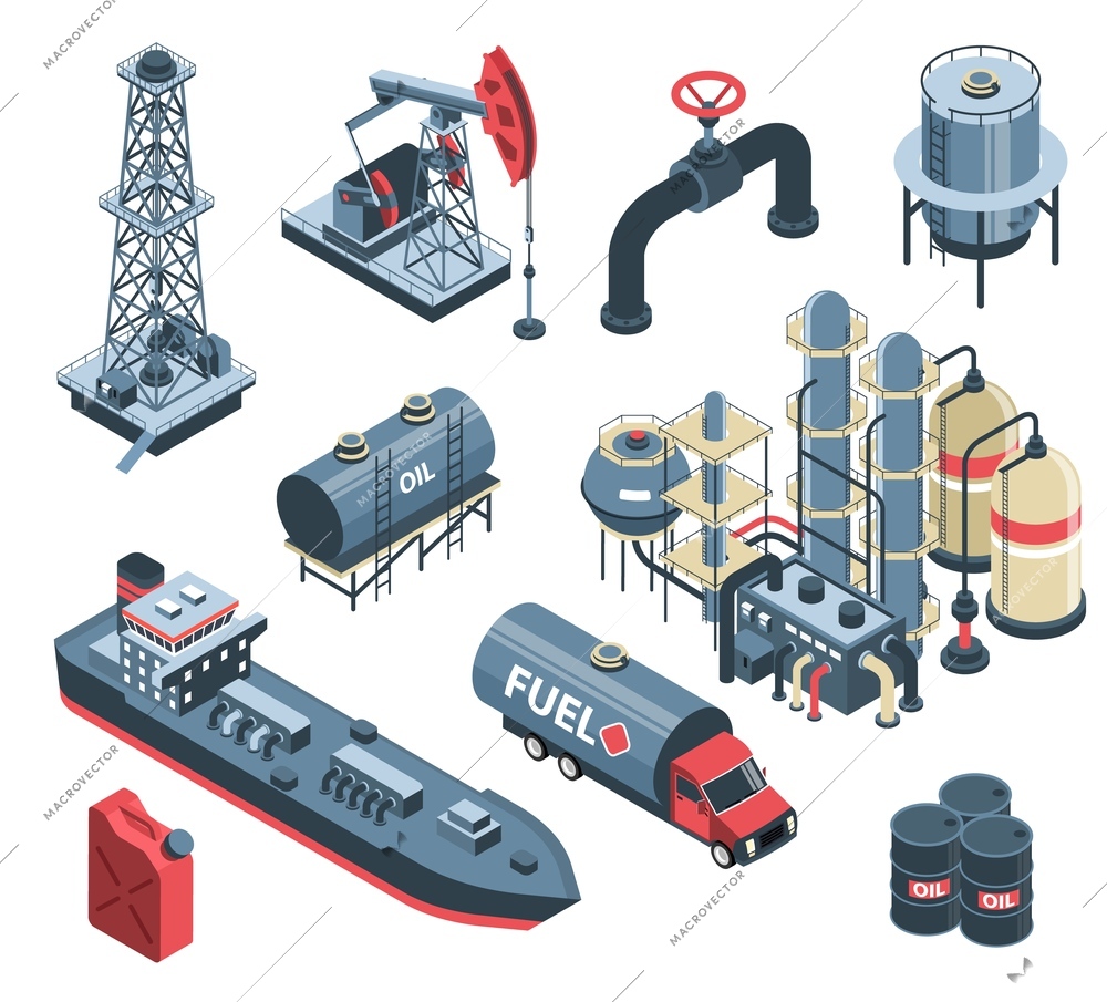 Set of isometric oil petroleum industry with isolated images of factory plant facilities and storage units vector illustration