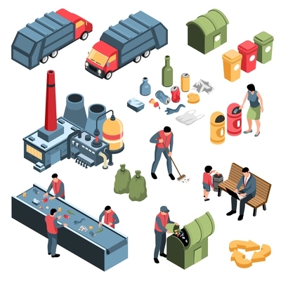 Isometric garbage waste recycling set with waste collecting sorting and burning industrial facilities with human characters vector illustration