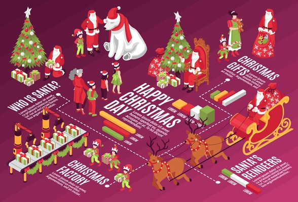 Isometric santa claus christmas horizontal composition with colourful graphs text captions human characters and new year trees vector illustration