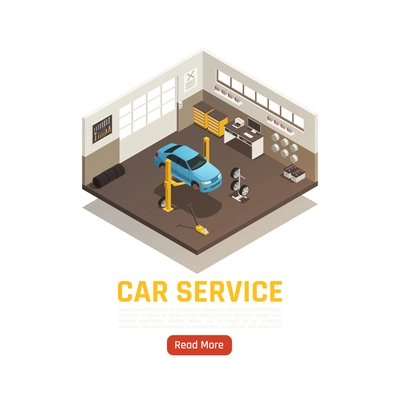 Full car service garage auto repair check spare parts change including tires transmission isometric composition vector illustration