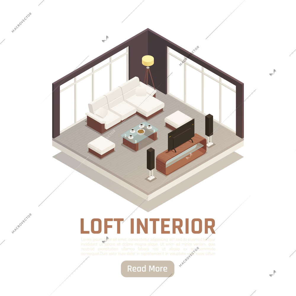 Modern loft home tv movie center interior with glass window walls sofa banquettes isometric view vector illustration