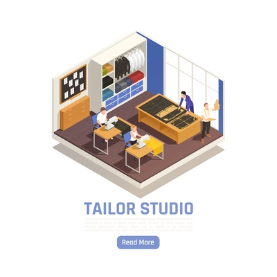 Fashion atelier haute couture studio interior isometric view with tailor at cutting table seamstress sewing vector illustration