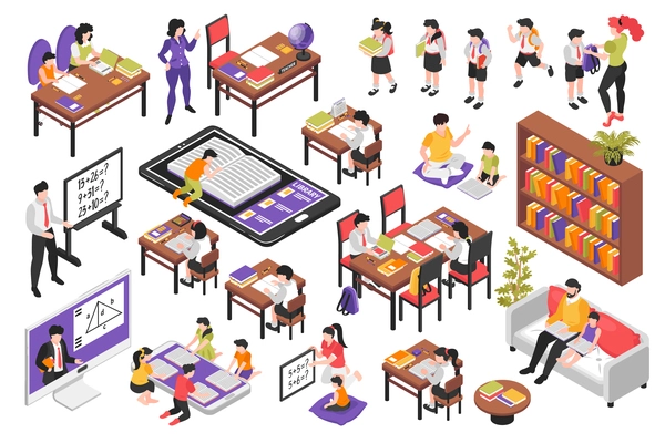 Isometric school set with isolated human characters of young pupils teachers with classroom furniture and books vector illustration