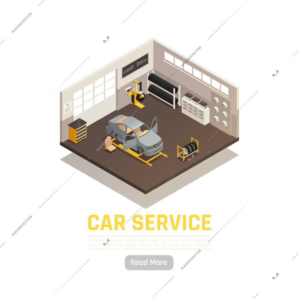 Auto service systems check car parts replacement including tires automotive battery brake cylinder isometric composition vector illustration