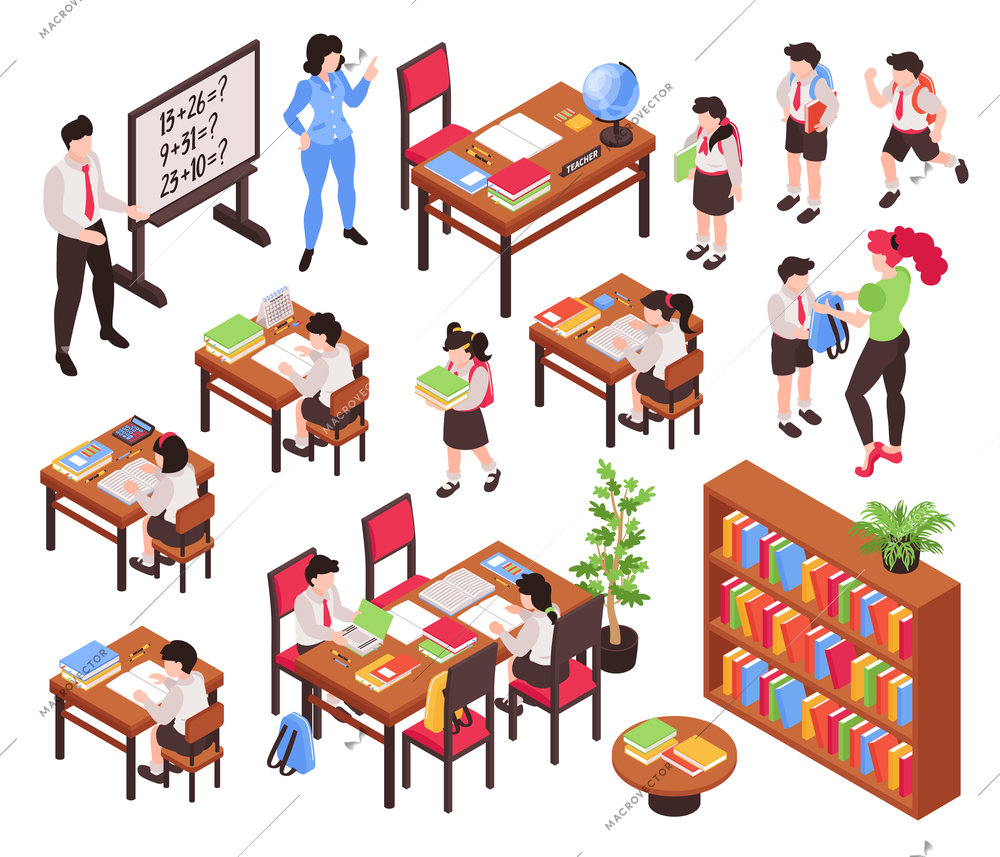 Isometric junior school set of isolated pieces of classroom furniture and human characters of teachers and schoolchildren vector illustration