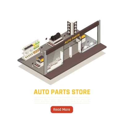 Car automotive spare parts such as shock absorbers brake disks supplier auto store isometric composition vector illustration