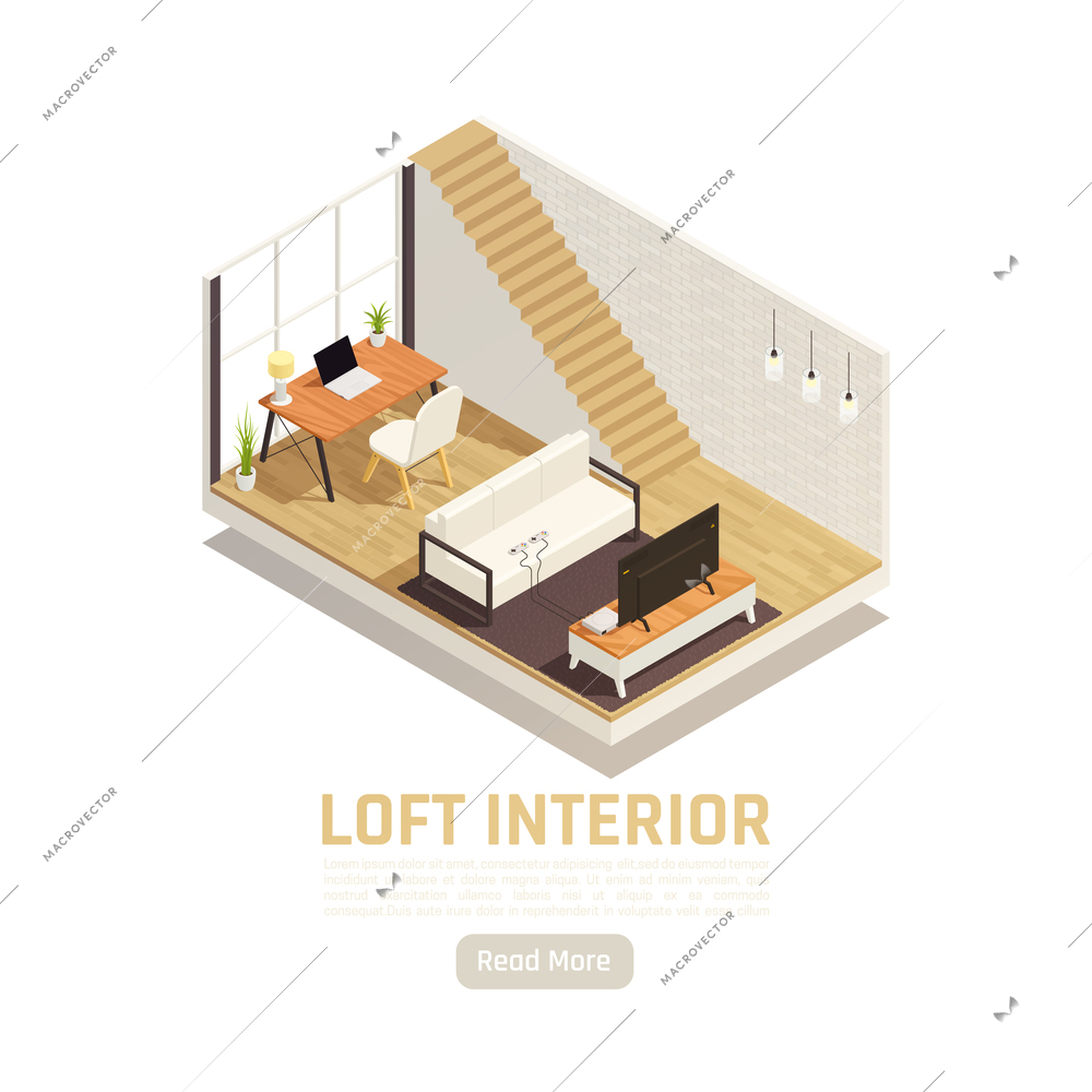 Modern loft study interior isometric design with window glass wall computer desk sofa  attic lader vector illustration