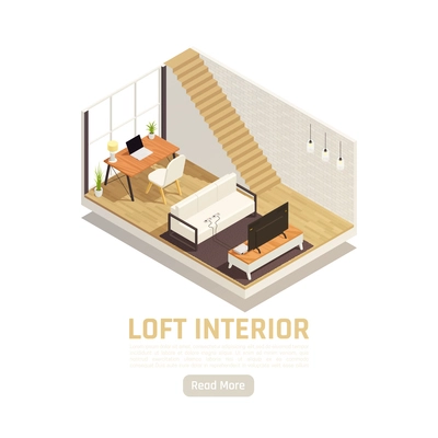 Modern loft study interior isometric design with window glass wall computer desk sofa  attic lader vector illustration