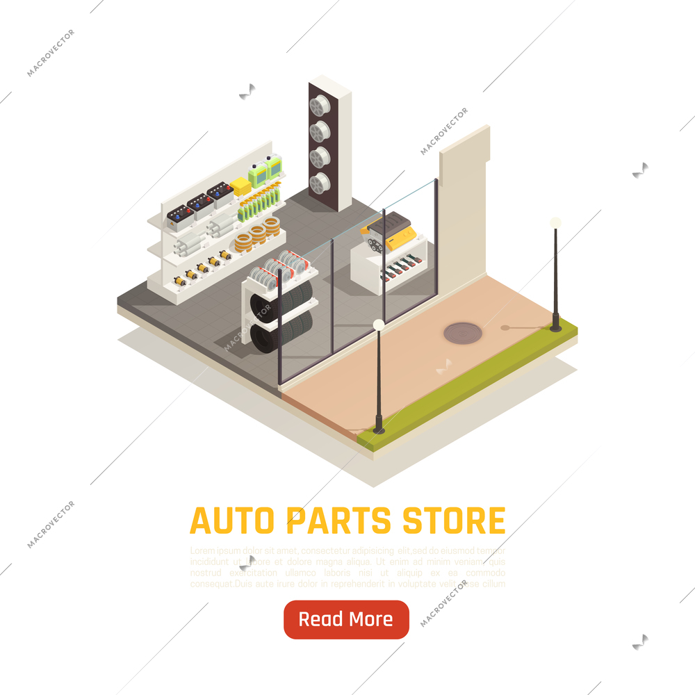 Car automotive spare parts such as brake disks exhaust pipes supplier auto store isometric composition vector illustration